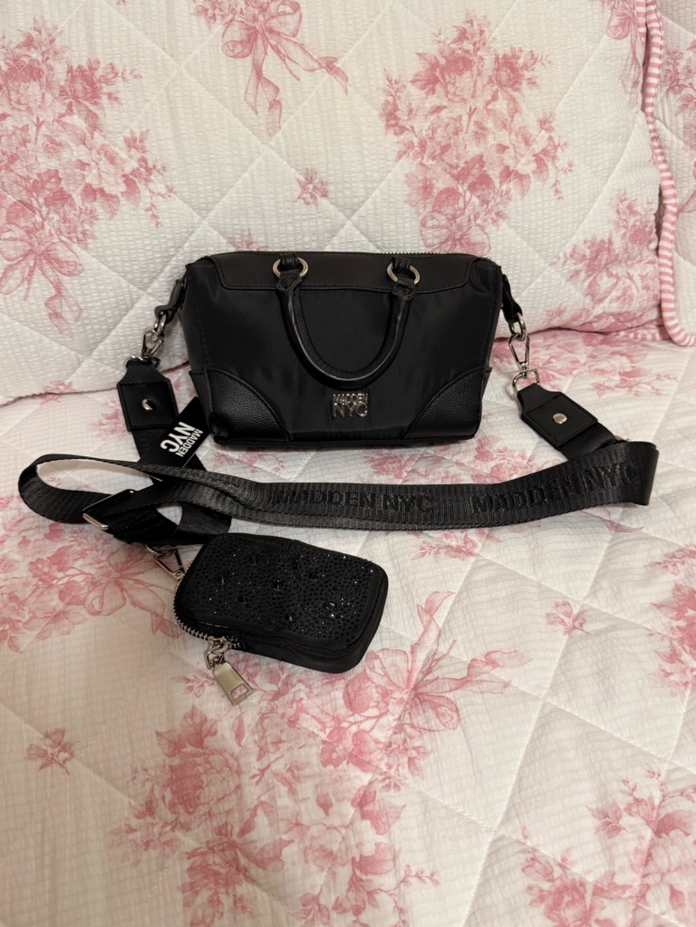 Madden NYC Women's Micro Top Handle Nylon Mini Handbag, Black